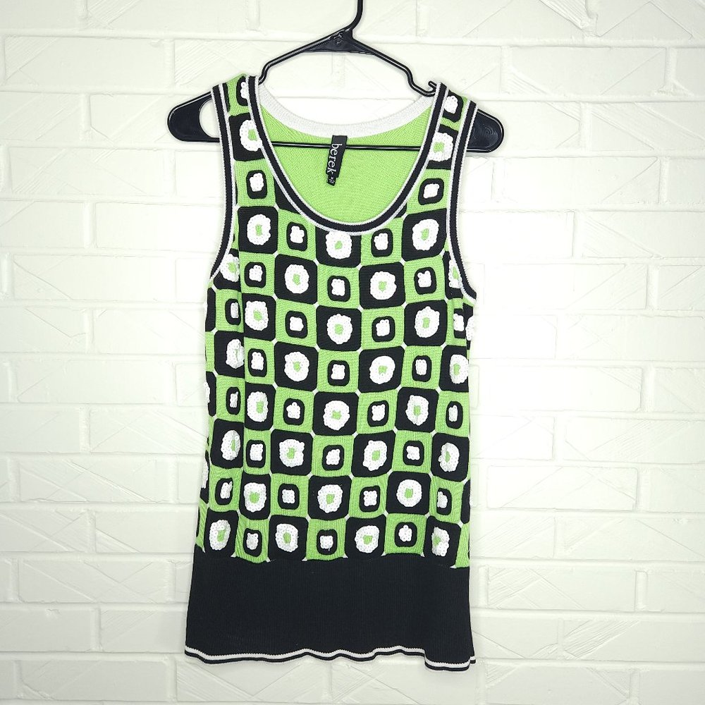 Berek Retro 70's Groovy Lime Green Black & White Sequin Polka Dots Sweater Tank